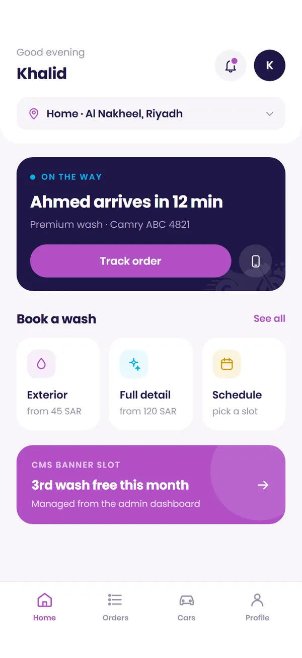 Home screen with an active order: washer arrives in 12 minutes